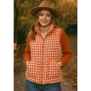 Peach Love California Gingham Quilted Vest Orange White Small Clemson Tigers